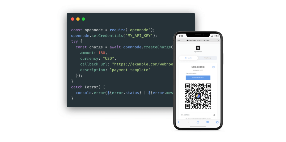 OpenNode application showcased on phone and code in background